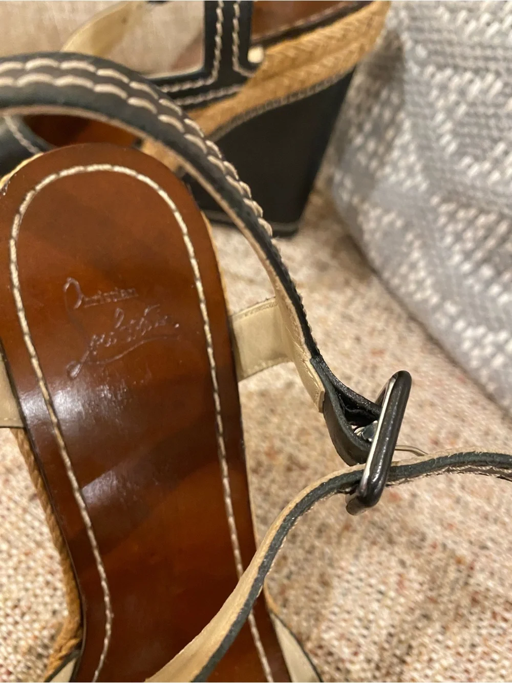 Christian Louboutin Black Leather Espadrille Platform Wedge Sandals